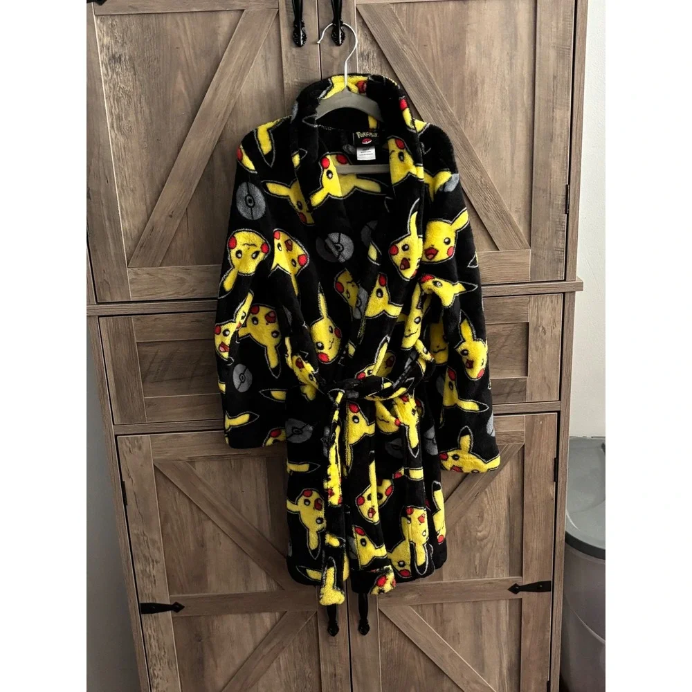 Pokemon Pikachu Boys Fleece Robe Black Yellow All Over Print Size 8 Pokeball